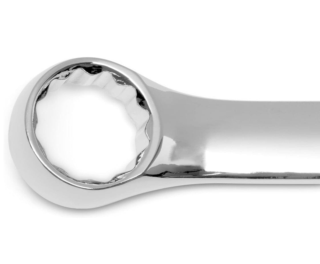 A close-up detail of the 12-point box end on a Crescent combination wrench showcasing the precision-machined off-corner loading design engineered to prevent fastener rounding and damage.