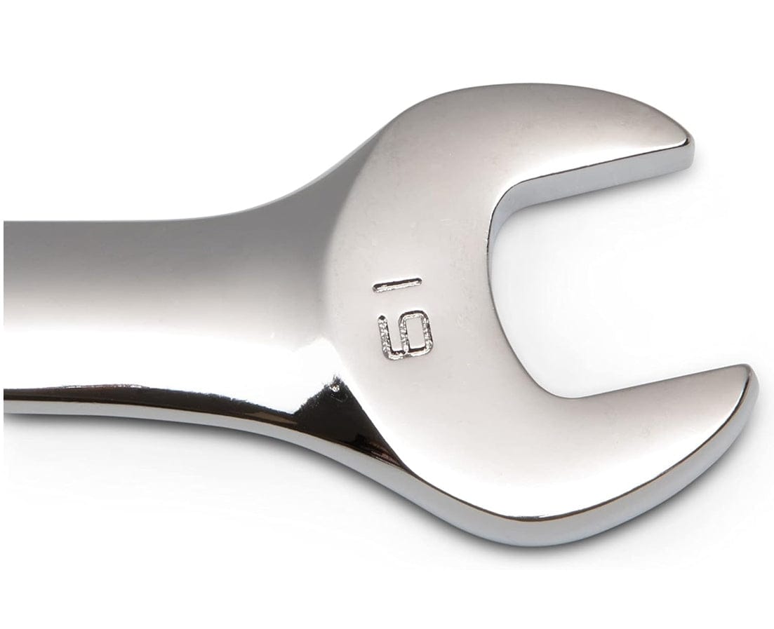 A macro view of the open-end head on a 19mm Crescent wrench emphasizing the high-strength Crestoloy alloy steel construction and the flawless full polish chrome finish.