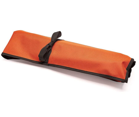 The Crescent metric combination wrench set securely stored in its heavy-duty orange tool roll with a black tie strap, demonstrating professional portability and organized tool management.