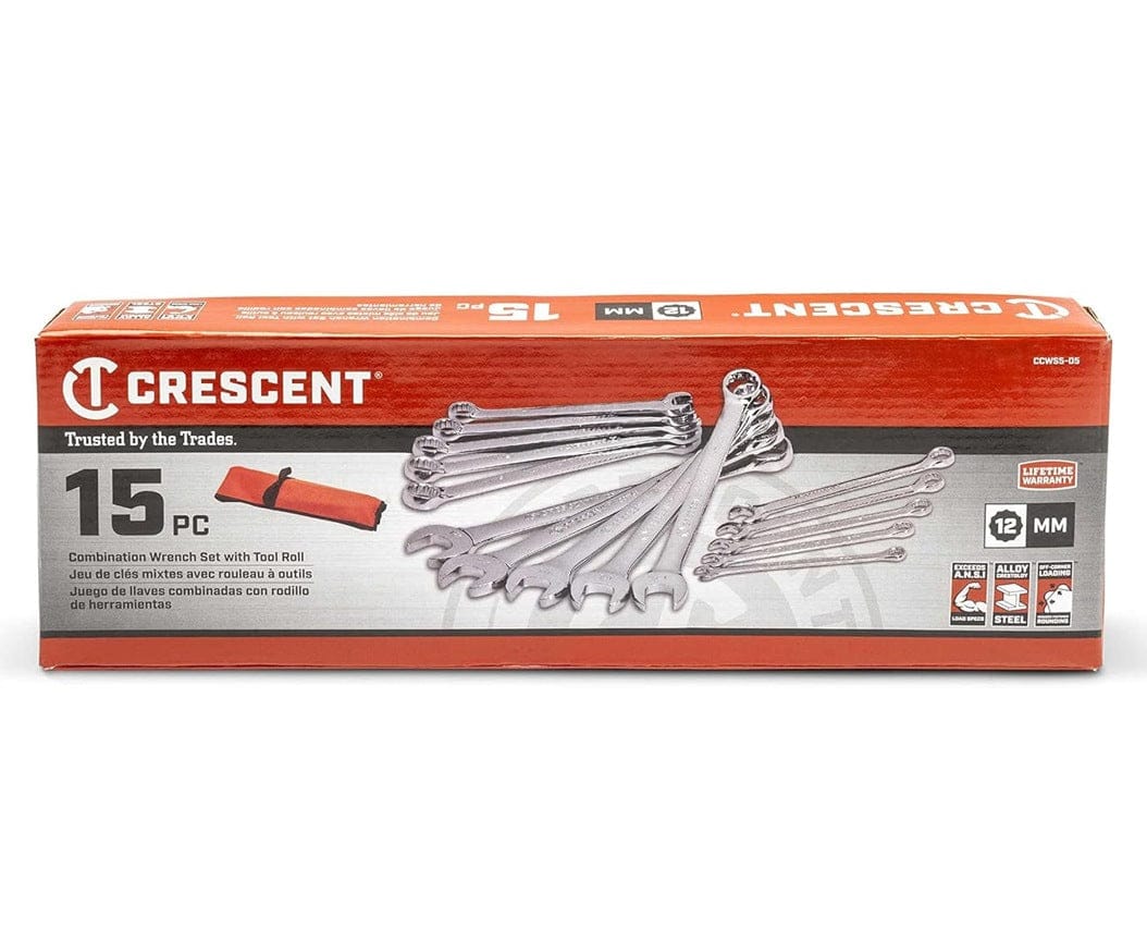 The retail box packaging for the Crescent CCWS5-05 15-piece metric wrench set, emphasizing the full satisfaction guarantee, lifetime warranty, and included tool roll for professional tradespeople.