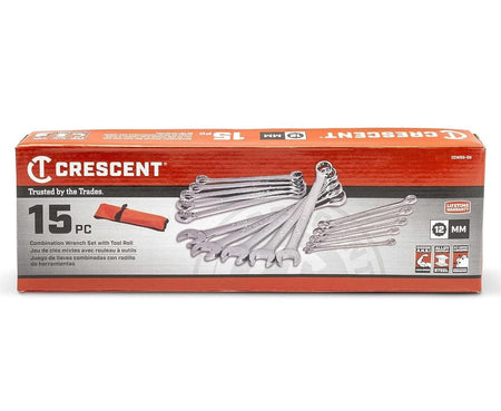 The retail box packaging for the Crescent CCWS5-05 15-piece metric wrench set, emphasizing the full satisfaction guarantee, lifetime warranty, and included tool roll for professional tradespeople.