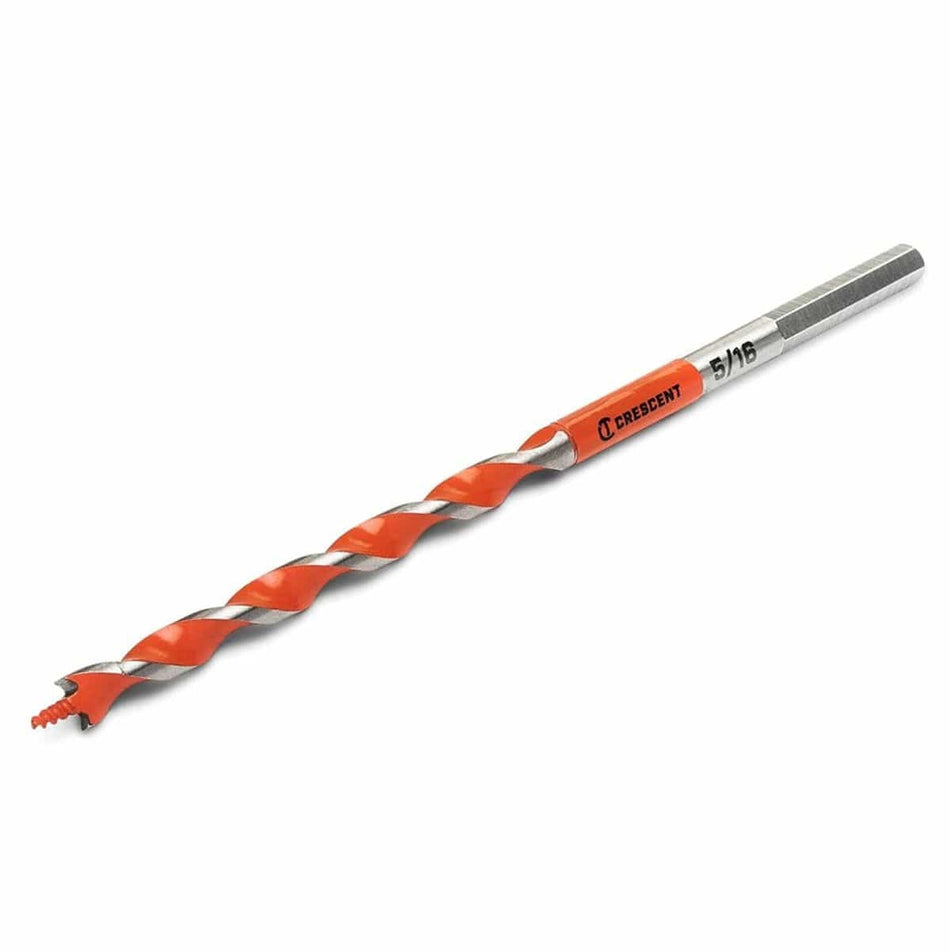 A high-resolution product image of a silver 7.5-inch Crescent solid auger drill bit with a 5/16-inch diameter, showcasing the screw-point lead, orange fluted body, and laser-etched 5/16-inch size marking on the hex shank.