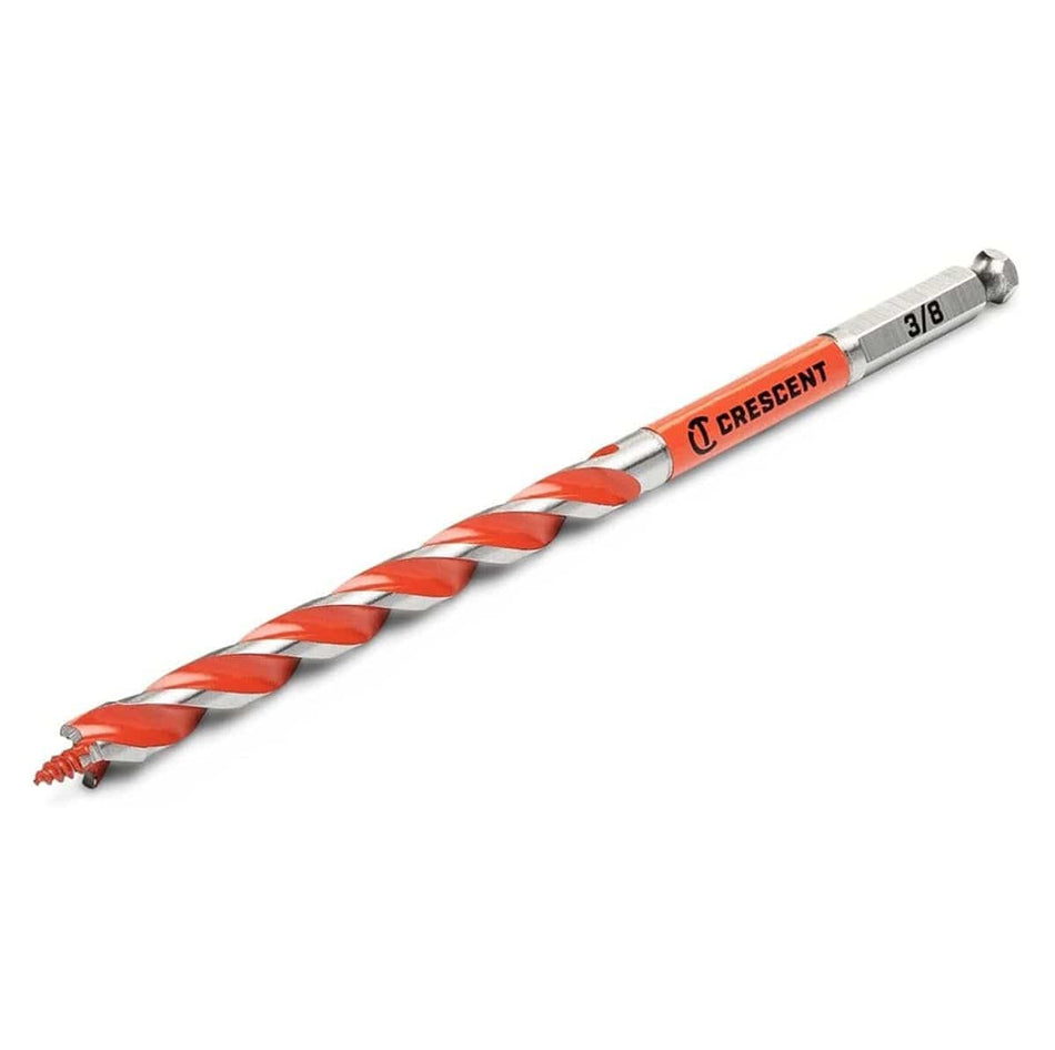 A high-resolution product image of a silver 7.5-inch Crescent solid auger drill bit with a 3/8-inch diameter, showcasing the screw-point lead, orange fluted body, and laser-etched 3/8-inch size marking on the hex shank.