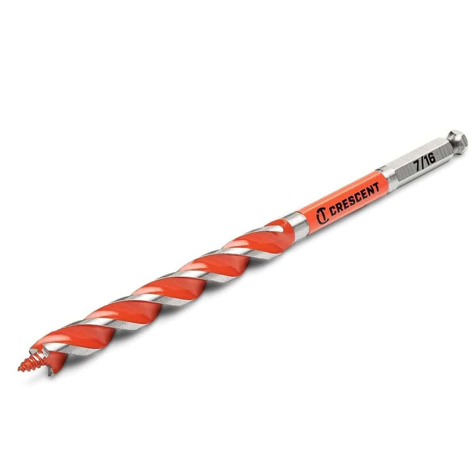 A high-resolution product image of a silver 7.5-inch Crescent solid auger drill bit with a 7/16-inch diameter, showcasing the screw-point lead, orange fluted body, and laser-etched 7/16-inch size marking on the hex shank.