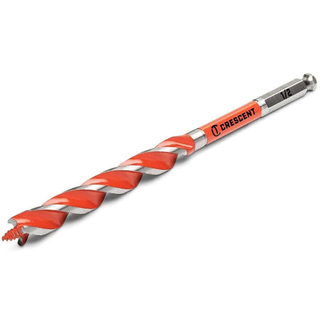 A high-resolution product image of a silver 7.5-inch Crescent solid auger drill bit with a 1/2-inch diameter, showcasing the screw-point lead, orange fluted body, and laser-etched 1/2-inch size marking on the hex shank.