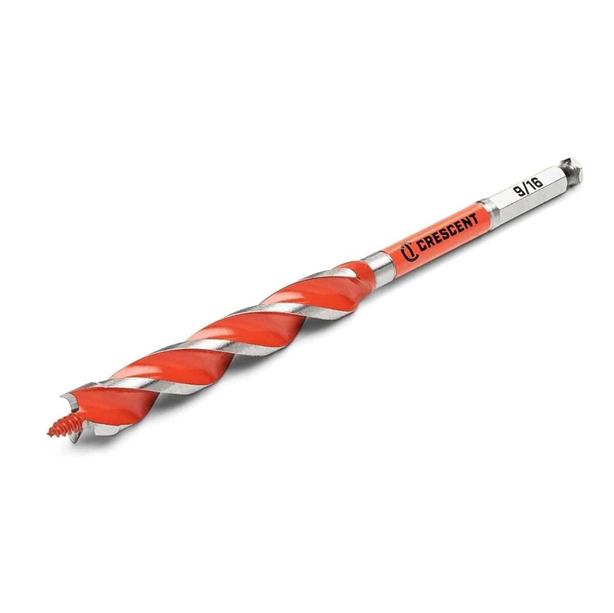 A high-resolution product image of a silver 7.5-inch Crescent solid auger drill bit with a 9/16-inch diameter, featuring a screw-point tip, dual cutting flutes, and a 1/4-inch hex shank.