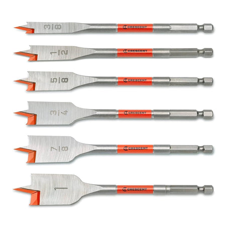 A vertical stack of the six Crescent flat spade bits included in the set, clearly showing the size markings ranging from 3/8 inch to 1 inch diameters.