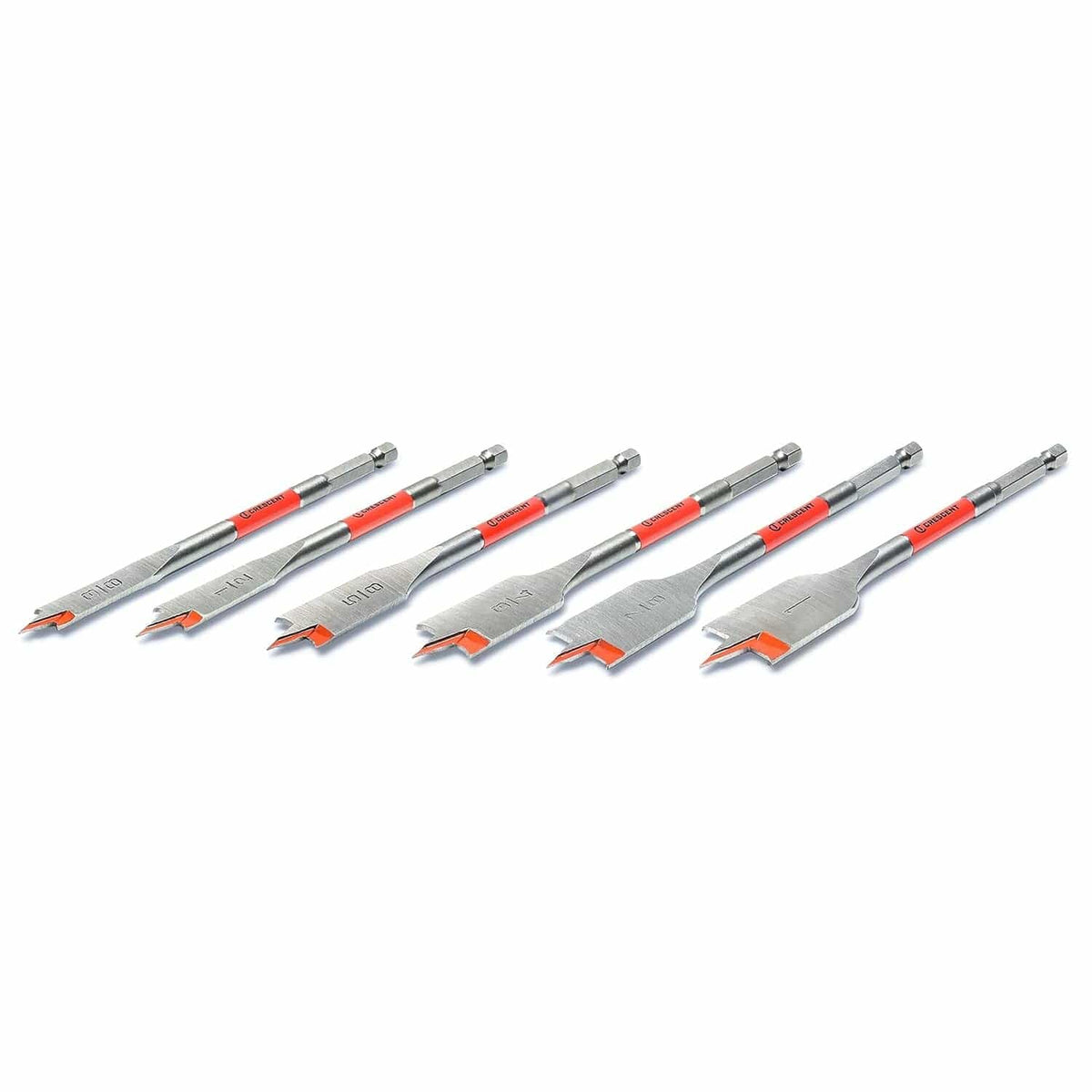 A group of six Crescent flat spade bits arranged diagonally, showcasing the varying diameters and the 1/4 inch hex impact-rated shanks with red branding collars.