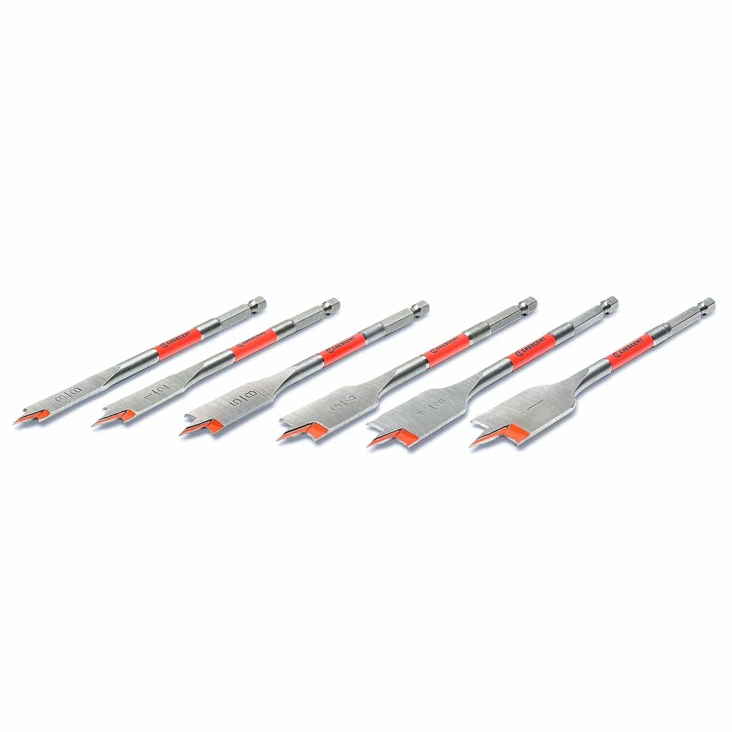 A group of six Crescent flat spade bits arranged diagonally, showcasing the varying diameters and the 1/4 inch hex impact-rated shanks with red branding collars.