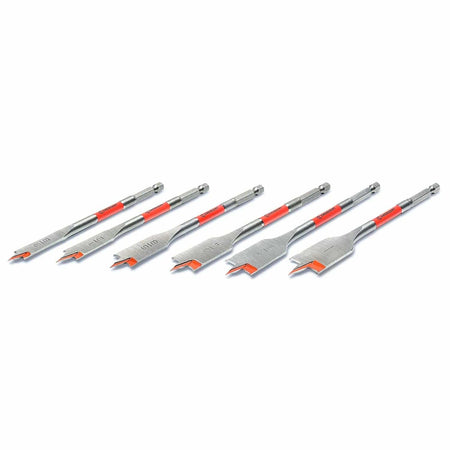 A group of six Crescent flat spade bits arranged diagonally, showcasing the varying diameters and the 1/4 inch hex impact-rated shanks with red branding collars.