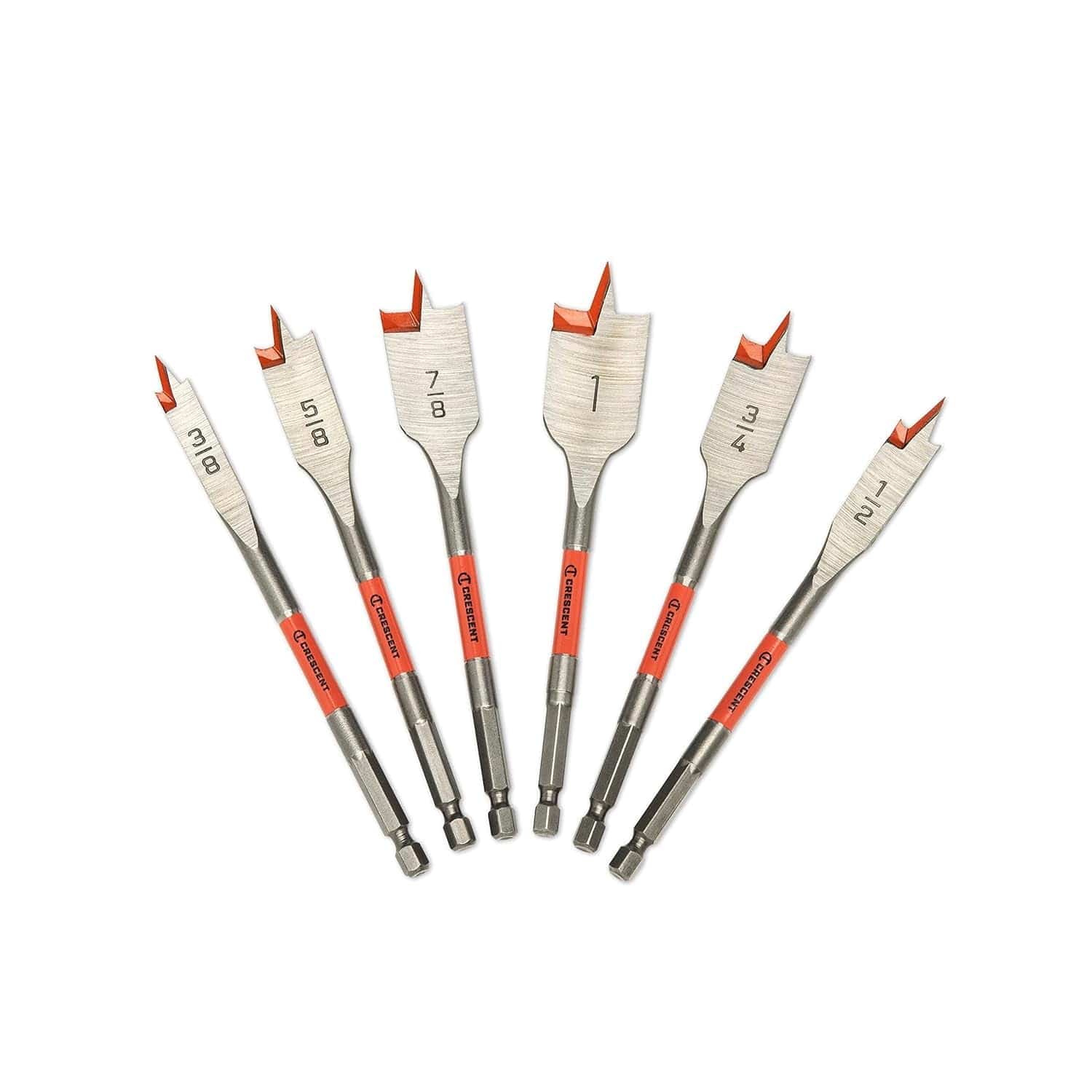 A fan arrangement of the Crescent 6-piece flat spade drill bit set including 3/8 inch, 1/2 inch, 5/8 inch, 3/4 inch, 7/8 inch, and 1 inch sizes.
