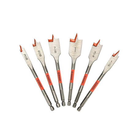 A fan arrangement of the Crescent 6-piece flat spade drill bit set including 3/8 inch, 1/2 inch, 5/8 inch, 3/4 inch, 7/8 inch, and 1 inch sizes.