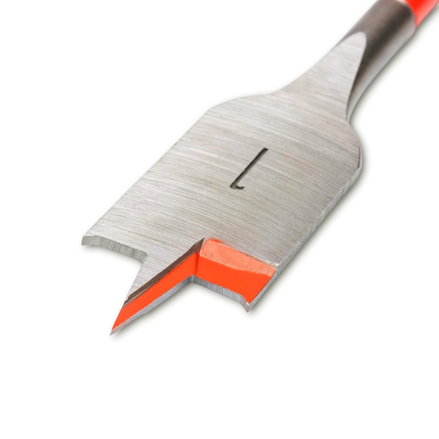 A close-up view of the 1 inch Crescent flat spade bit head, highlighting the reinforced tip geometry, advanced cutting grooves, and sharp spurs for smooth wood boring.