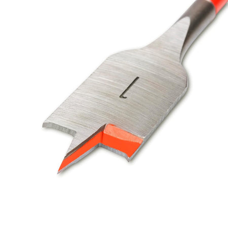 A close-up view of the 1 inch Crescent flat spade bit head, highlighting the reinforced tip geometry, advanced cutting grooves, and sharp spurs for smooth wood boring.