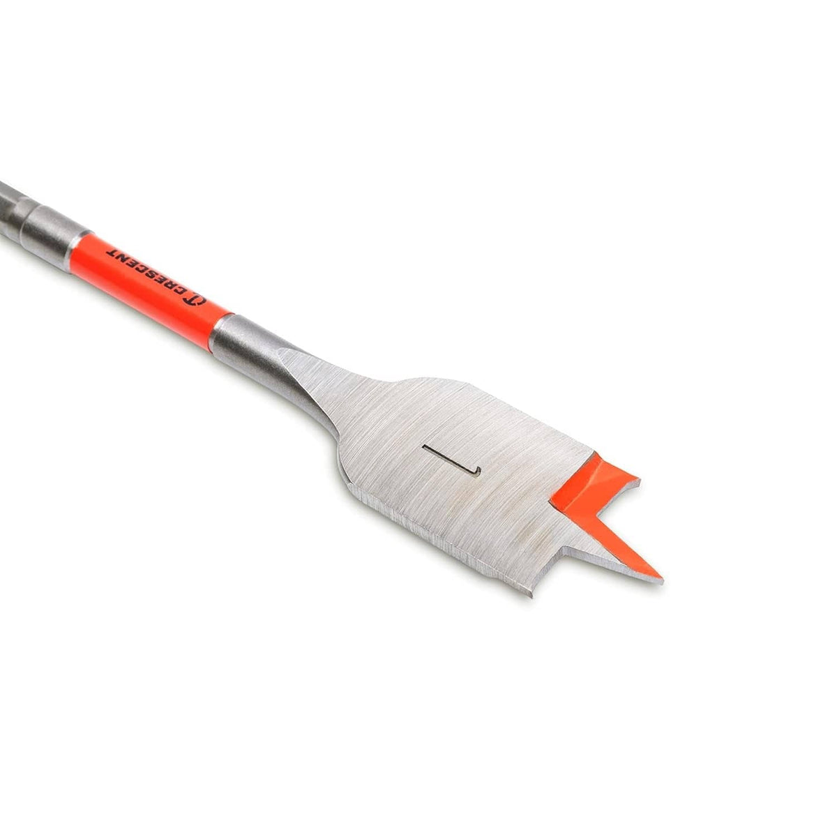 Perspective shot of a single Crescent flat spade bit focusing on the precision-machined cutting head and the transition to the impact-rated shank.