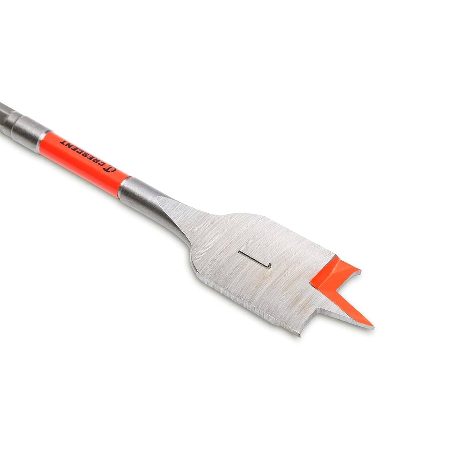 Perspective shot of a single Crescent flat spade bit focusing on the precision-machined cutting head and the transition to the impact-rated shank.