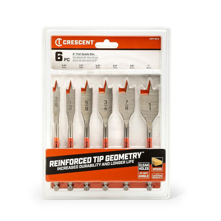 Retail carded packaging for the Crescent CDFP-SET6 set, displaying all six flat spade bits and detailing features like reinforced tip geometry for increased durability.
