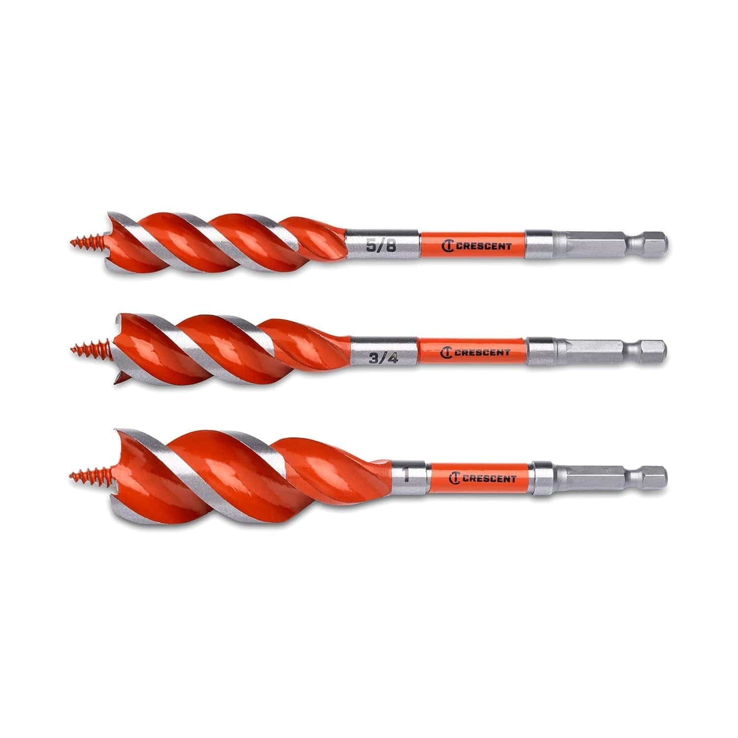 High-resolution product image of the Crescent CDSASET-3 Nail Ripper 3-piece high-speed auger bit set featuring 5/8 inch, 3/4 inch, and 1 inch wood drilling bits with red-coated flutes and 1/4 inch hex shanks.