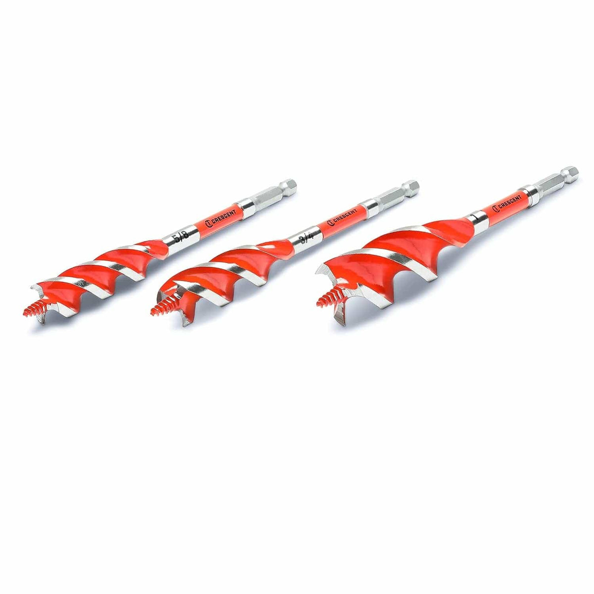 Perspective view of the Crescent high-speed auger set showcasing the triple sharpened cutting edges and self-feeding screw tips designed for 20x faster drilling in nail-embedded wood.