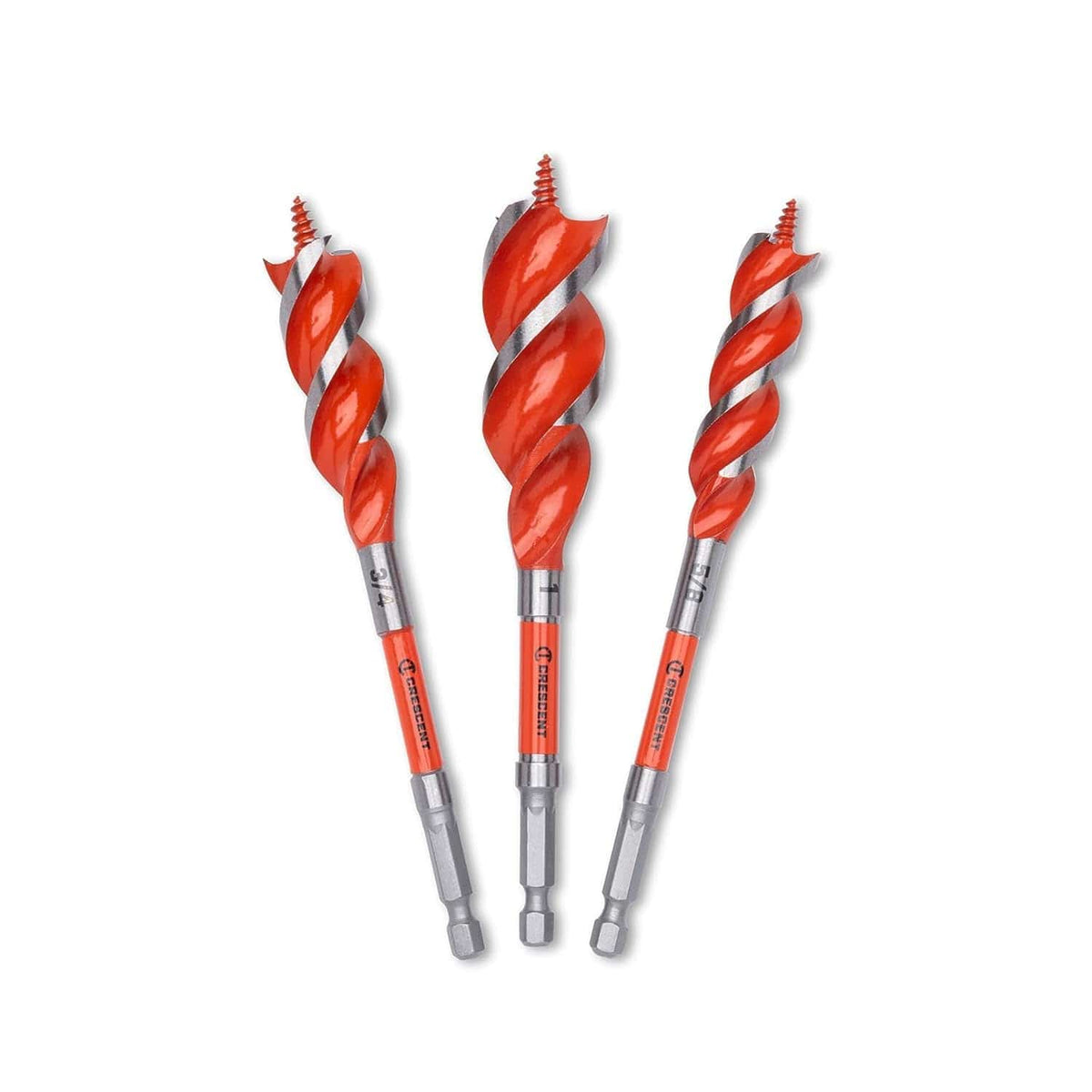 The three high-speed steel auger bits included in the CDSASET-3 set arranged vertically to show the variation in diameter including 1 inch, 3/4 inch, and 5/8 inch sizes with clearly laser-etched markings.