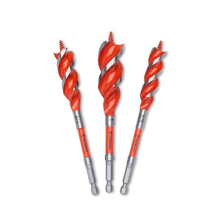 The three high-speed steel auger bits included in the CDSASET-3 set arranged vertically to show the variation in diameter including 1 inch, 3/4 inch, and 5/8 inch sizes with clearly laser-etched markings.