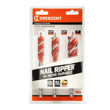 Retail clamshell packaging for the Crescent 3-piece 6-inch high-speed auger set detailing the Nail Ripper technology that is 5x more durable and 20x faster than standard bits.