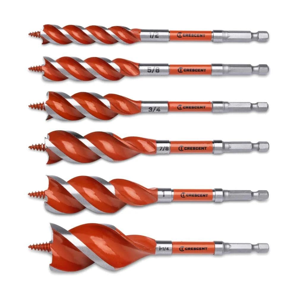 Collection of six Crescent high speed auger bits arranged horizontally from smallest to largest sizes.