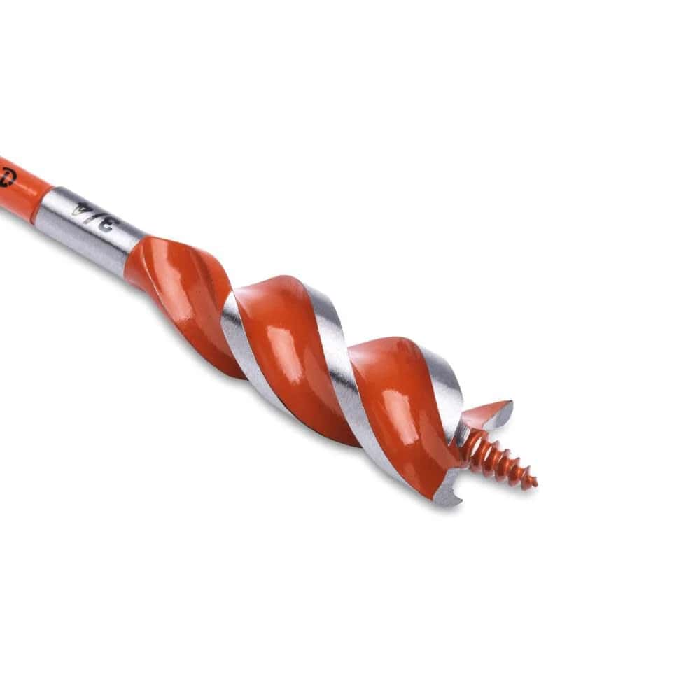 Close-up of the Crescent 3/4 inch high speed auger bit tip showing the self-feeding screw point and orange flutes.