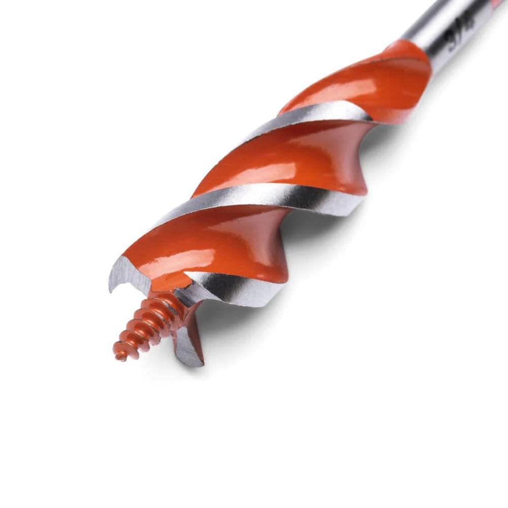 Extreme close-up of the high speed auger bit head displaying the self-feeding threaded tip and cutting edges.