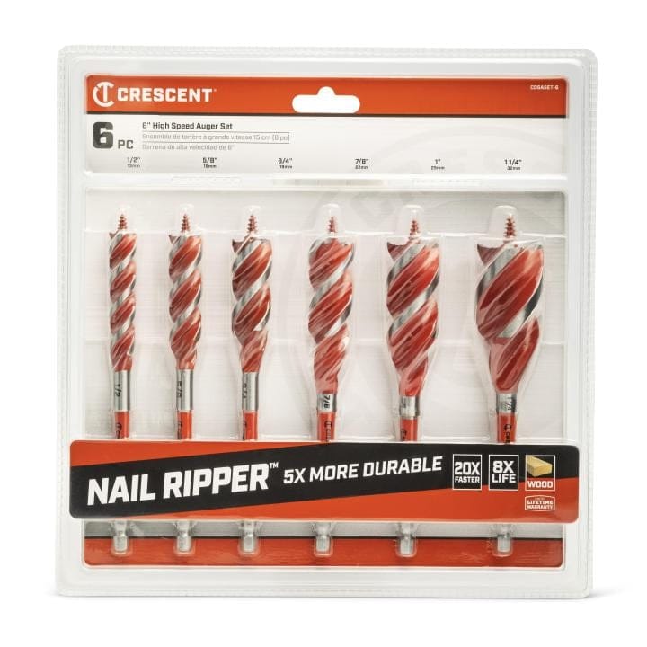 Retail packaging for the Crescent 6-piece auger set showcasing the bits and highlighting Nail Ripper technology and durability stats.