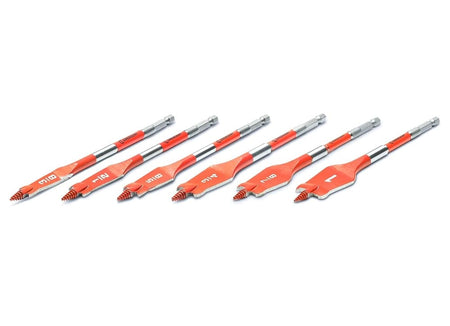 Angled studio shot of the six red spade bits lined up in ascending size order, showing the "Crescent" logo on the shafts and the screw tips.