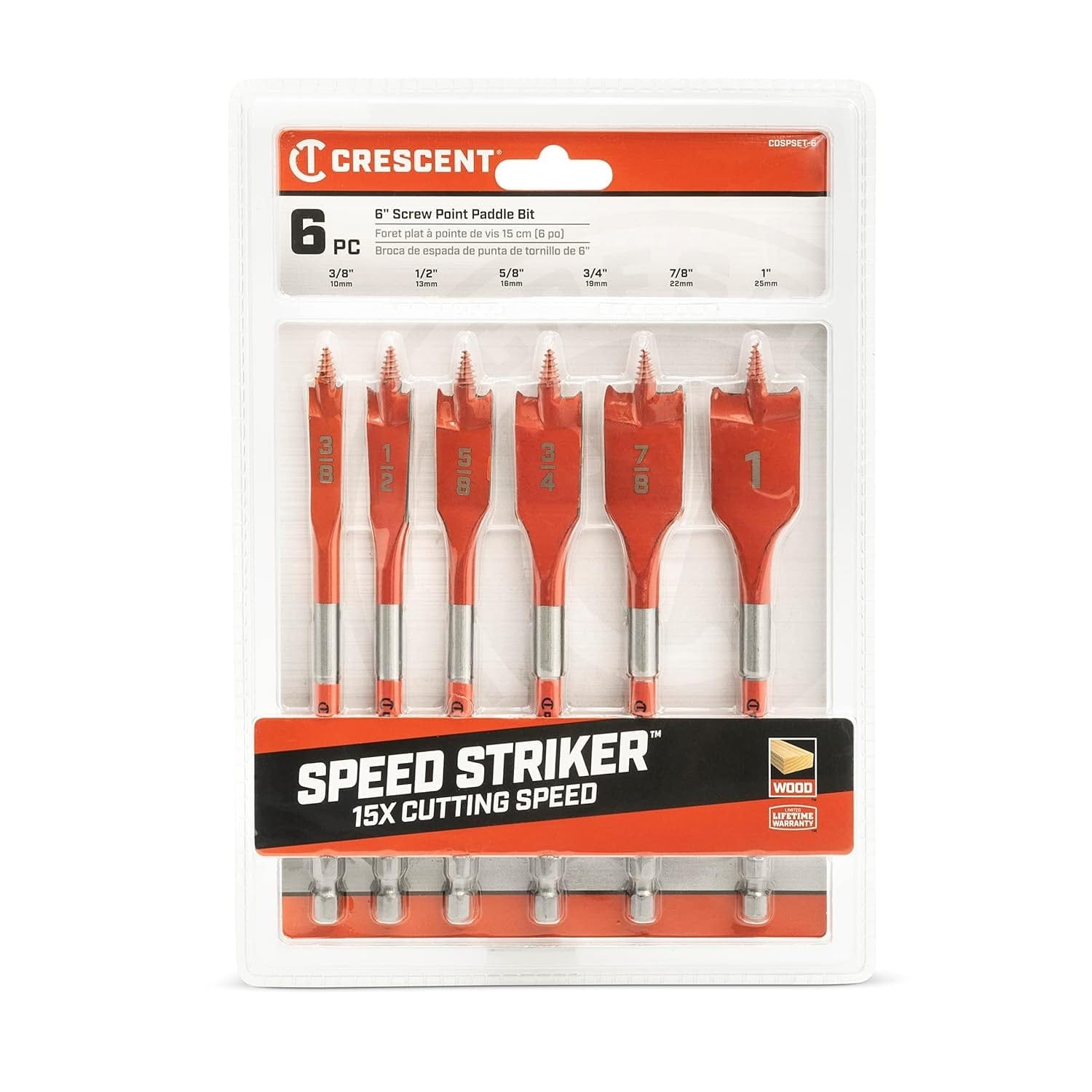 Retail packaging view showing the 6-piece set in a clear clamshell case with a banner reading "SPEED STRIKER 15X CUTTING SPEED".