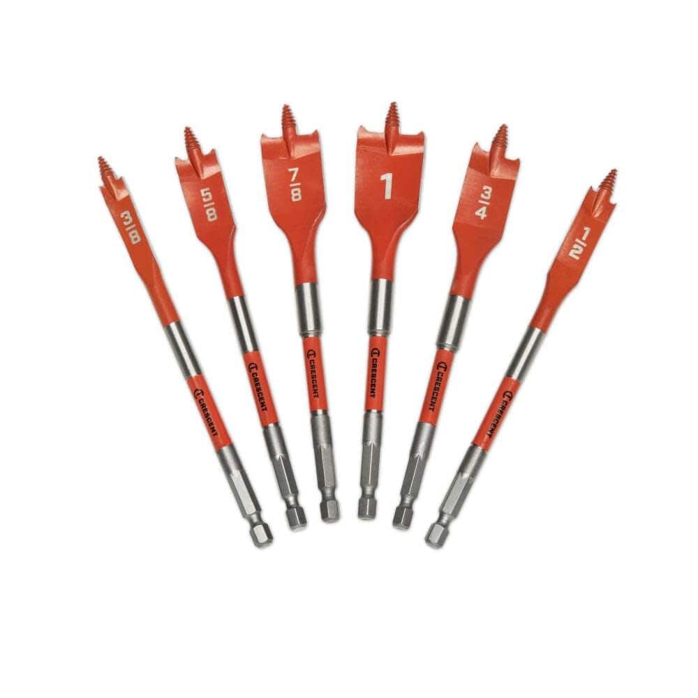 Fan arrangement of the six red screw point spade bits, showcasing the range of sizes and the consistent hex shank design for impact drivers.