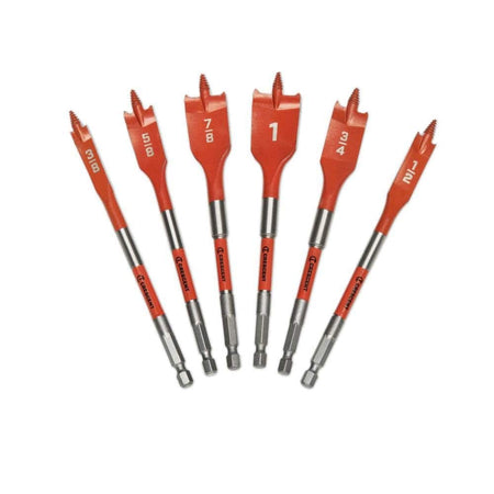Fan arrangement of the six red screw point spade bits, showcasing the range of sizes and the consistent hex shank design for impact drivers.