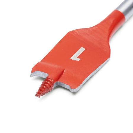 Close-up of the red paddle tip of a 7/8 inch spade bit, showing the threaded screw point pilot tip and the white "1" size marking.