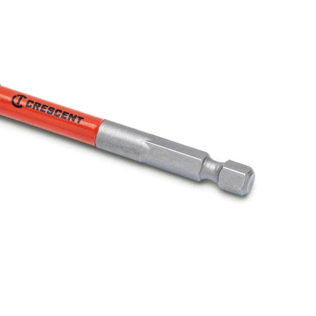 Detail view of the 1/4 inch quick-release hex shank connected to the red painted shaft of a Crescent spade bit.