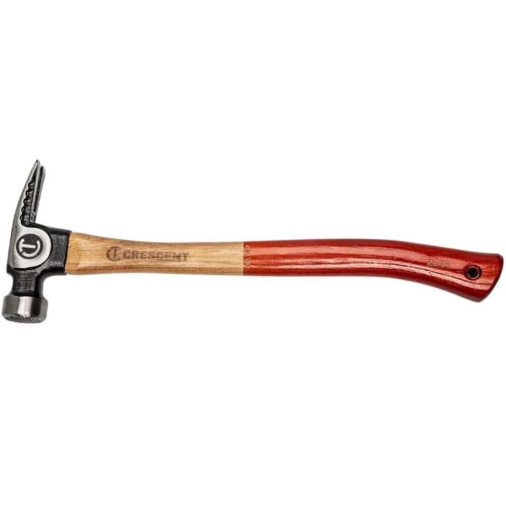 Full side profile view of the Crescent 22 oz framing hammer highlighting the genuine grade A hickory handle and the ergonomic curved design.