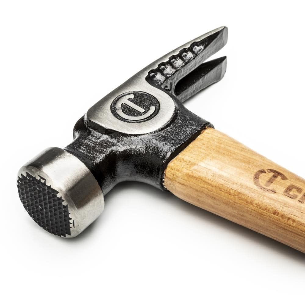 Detailed view of the Crescent CHFRAM22 hammer head focusing on the checkered milled face and the sharp ripping claw for professional construction work.