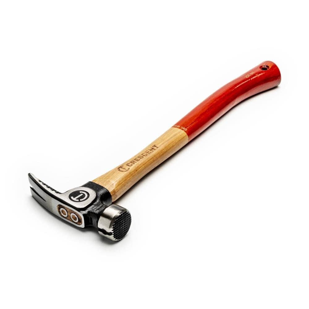 Full perspective view of the Crescent 22 oz wood handle framing hammer resting on a white surface, showcasing the balanced weight distribution.