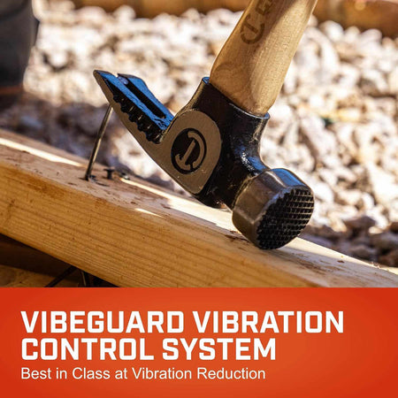 Action shot of the Crescent CHFRAM22 framing hammer being used on a job site with text highlighting the Vibeguard vibration control system.