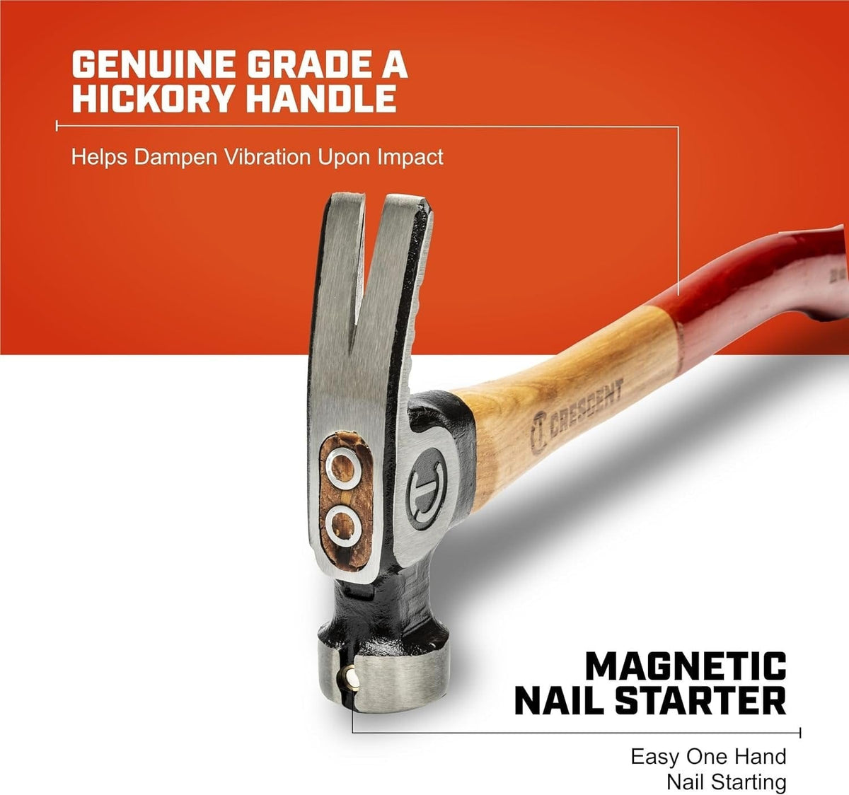 Marketing infographic for the Crescent wood framing hammer identifying the genuine grade A hickory handle and the magnetic nail starter for one-handed use.