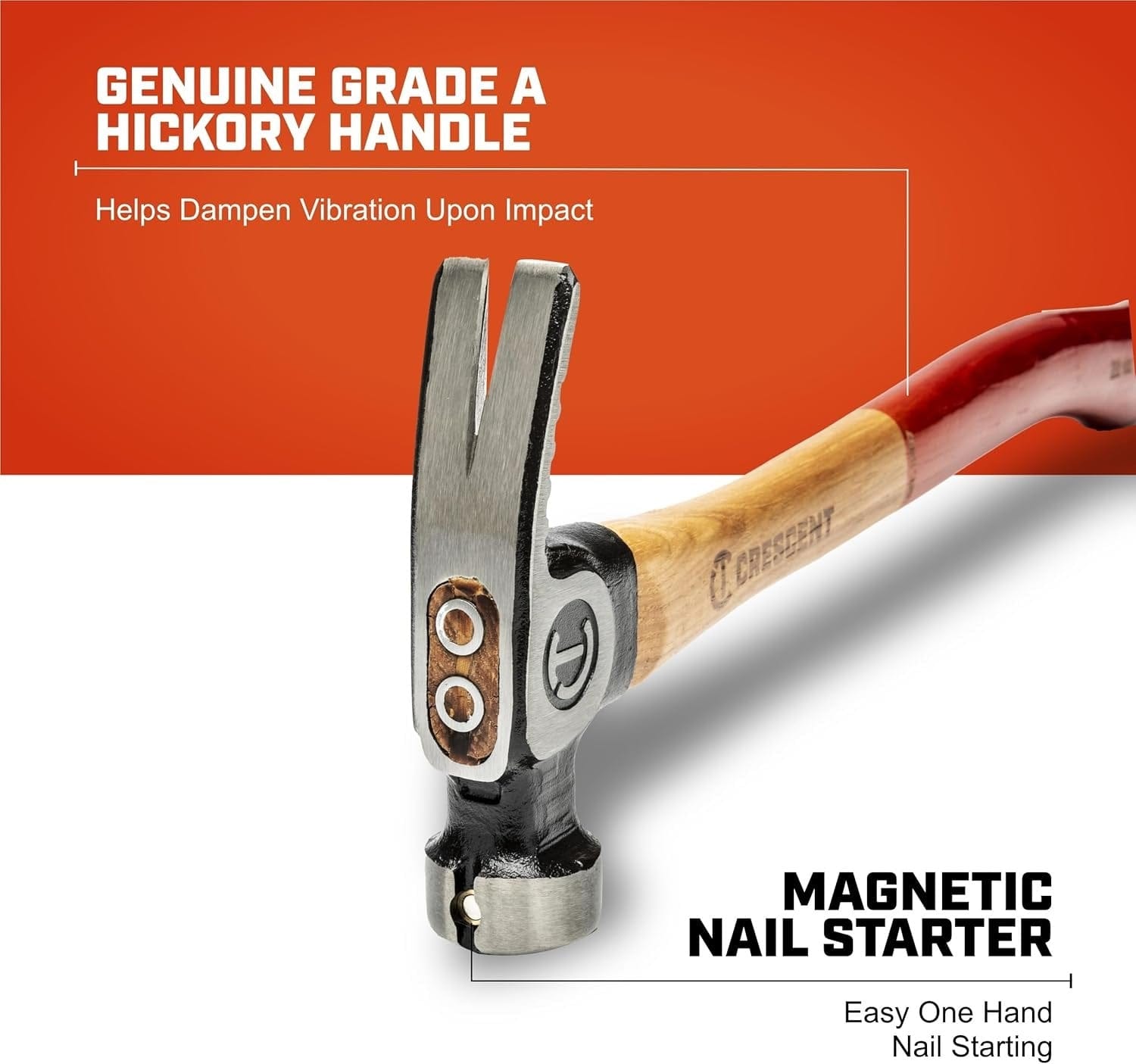 Marketing infographic for the Crescent wood framing hammer identifying the genuine grade A hickory handle and the magnetic nail starter for one-handed use.