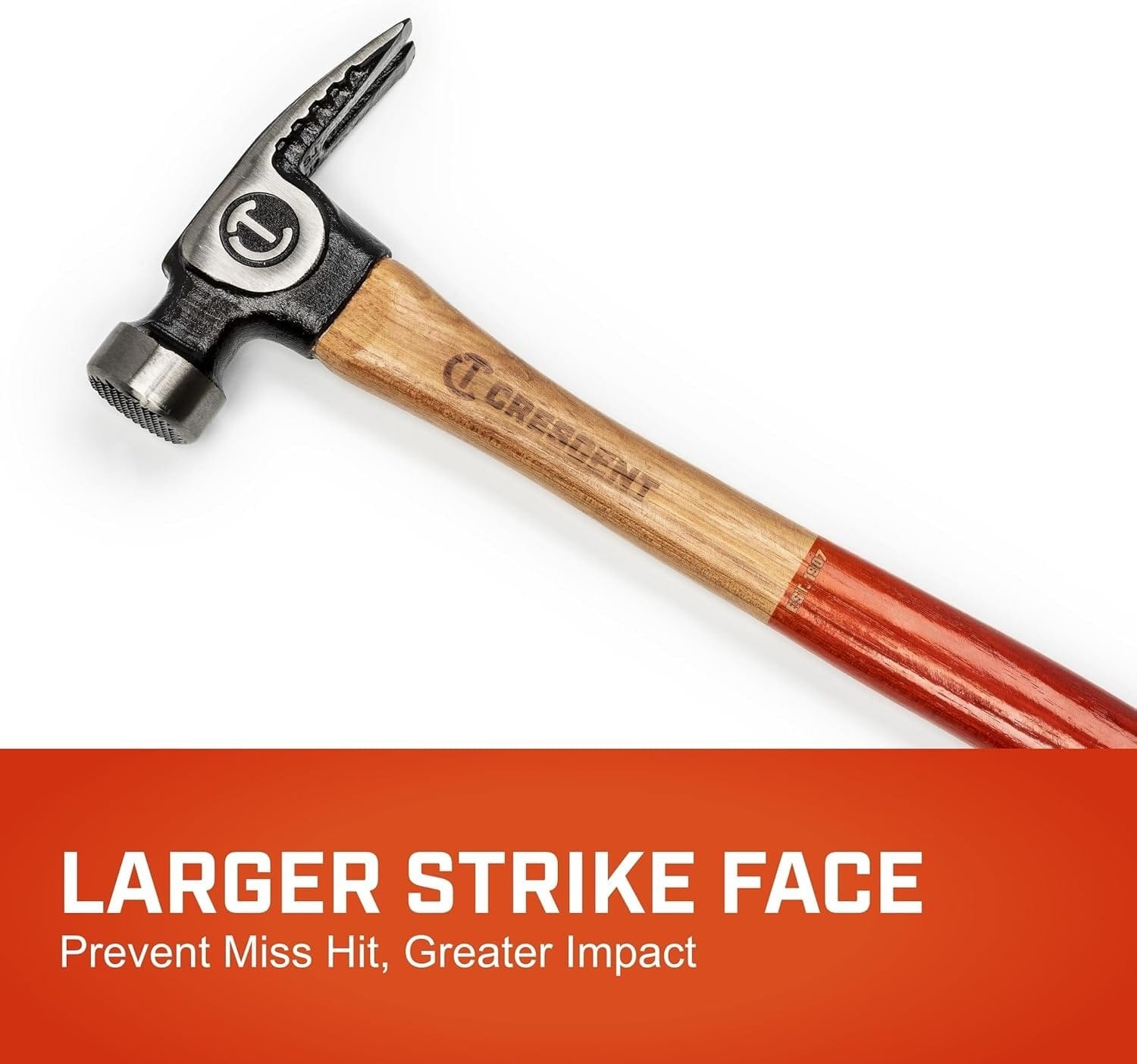 Top-down angled view of the Crescent hammer head with text highlighting the larger strike face designed to prevent miss-hits and provide greater impact.