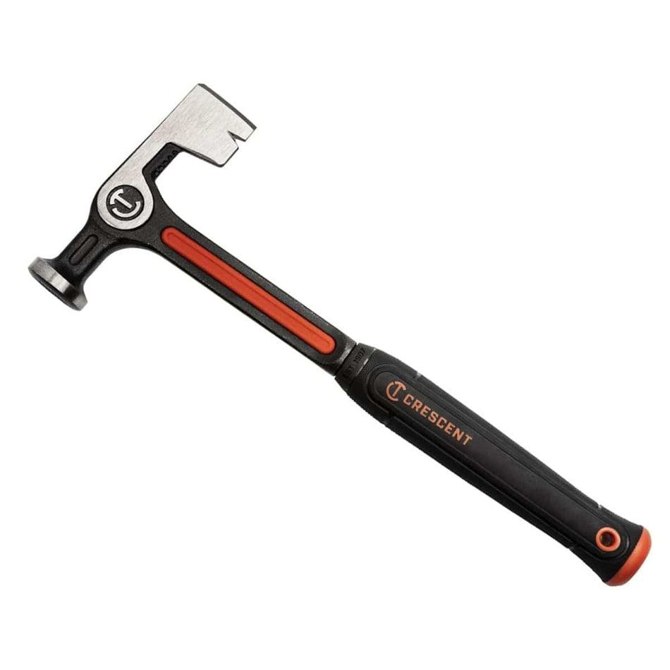 Studio shot of the Crescent CHSDRWL11 11 ounce drywall hammer, featuring the steel handle, black and orange grip, milled striking face, and sharp hatchet blade