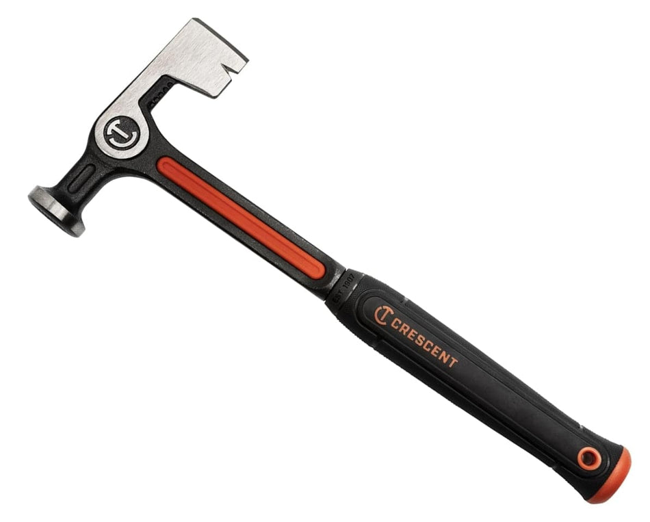 Studio shot of the Crescent CHSDRWL11 11 ounce drywall hammer, featuring the steel handle, black and orange grip, milled striking face, and sharp hatchet blade
