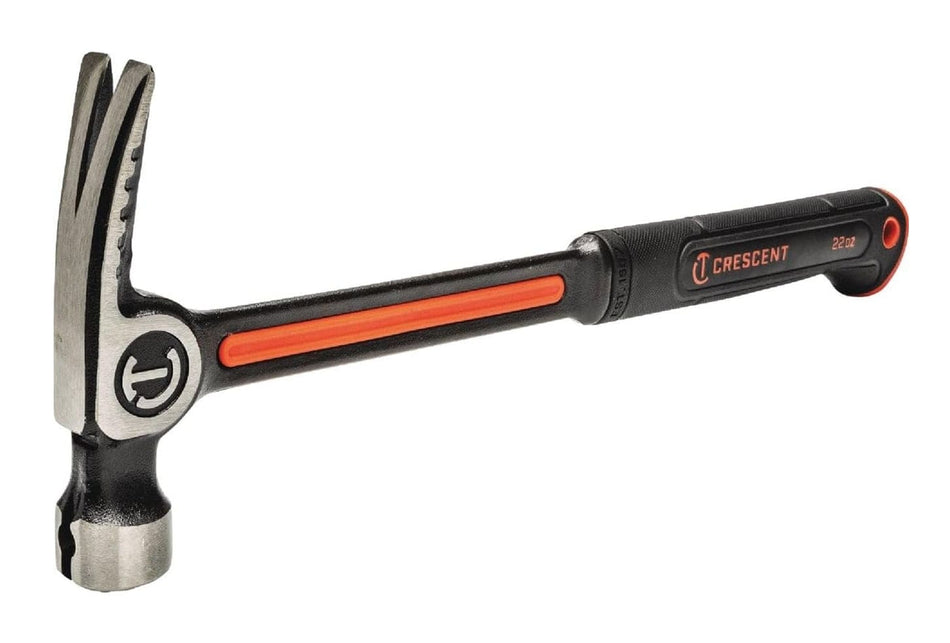 A Crescent CHSFRM22 22 oz framing hammer with an all-steel forged alloy construction, featuring an orange accent on the neck and a durable black textured grip.
