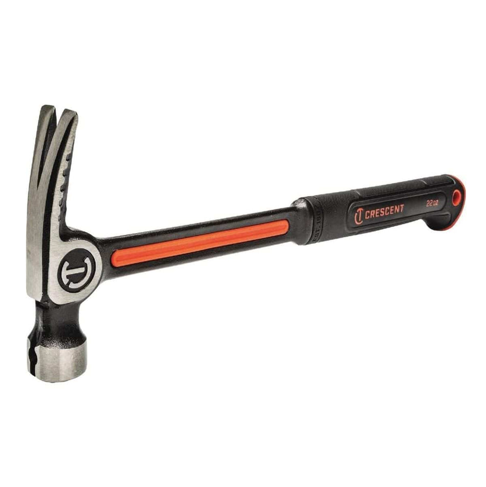 A Crescent CHSFRM22 22 oz framing hammer with an all-steel forged alloy construction, featuring an orange accent on the neck and a durable black textured grip.
