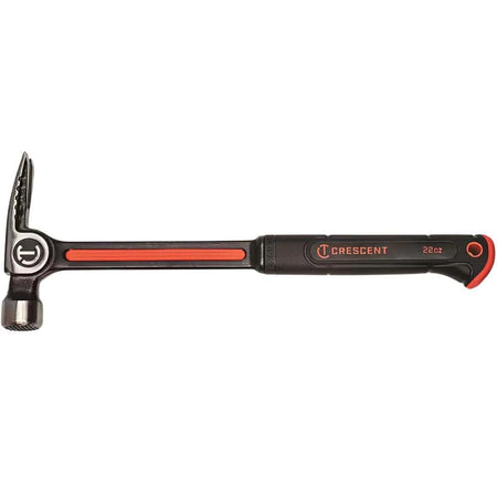 Side profile view of the Crescent 22 oz all-steel framing hammer highlighting the ergonomic fawn’s foot grip and the precision-balanced forged alloy steel handle.