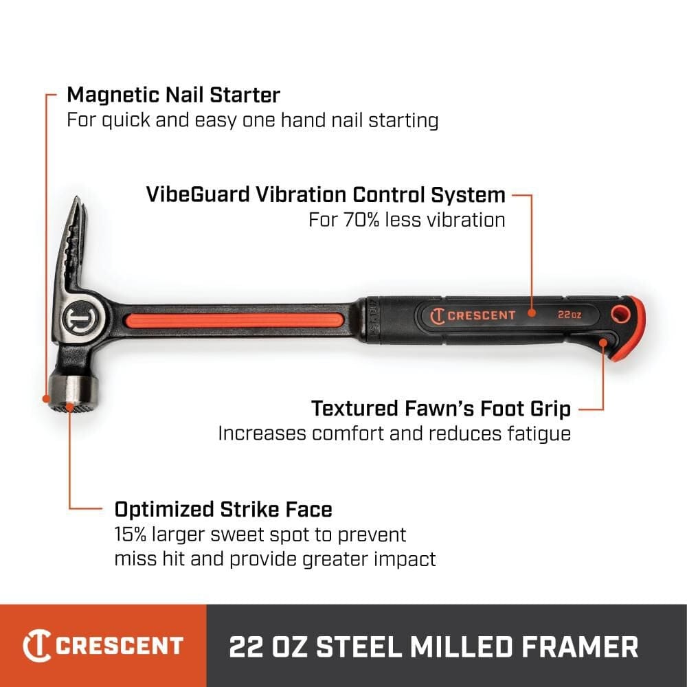 Marketing infographic for the Crescent CHSFRM22 steel hammer identifying the magnetic nail starter, VibeGuard vibration control system, textured grip, and optimized strike face.