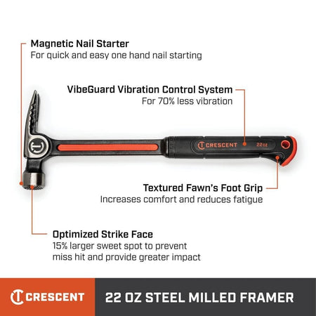 Marketing infographic for the Crescent CHSFRM22 steel hammer identifying the magnetic nail starter, VibeGuard vibration control system, textured grip, and optimized strike face.
